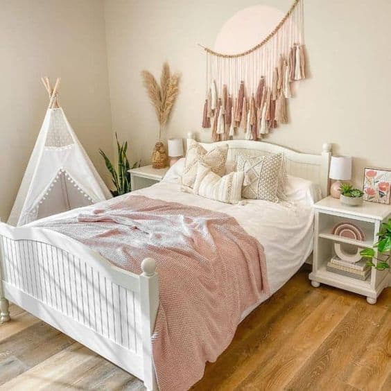 pink and white girl boho bedroom
