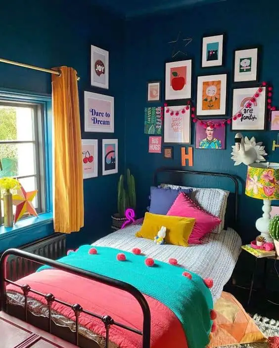 colorful boho dream bedroom with wall art and printables