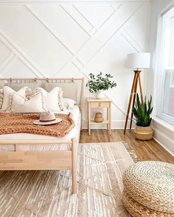boho Scandinavian bedroom with plants and lamps