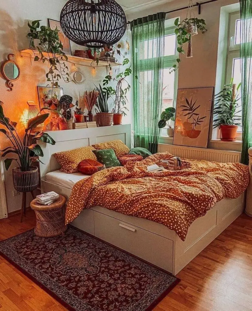 boho bedroom with plants and black ceiling hanging