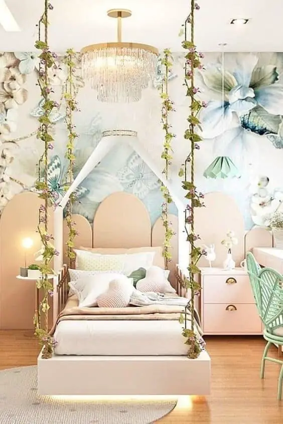 a fairy bedroom with a lovely chandelier for decoration