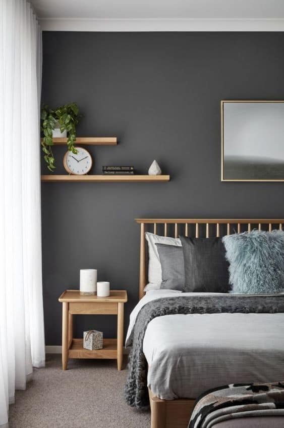 Grey and white bedroom with wood work
