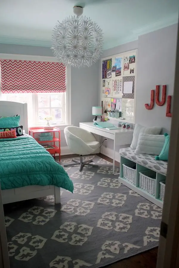 modern grey and turquoise teenage bedroom with study space
