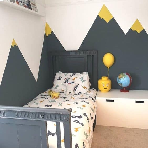 lego bedroom with lego face and pops of yellow
