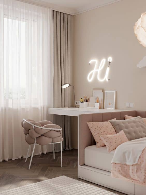 elegant and soothing grey bedroom for teenage girls with a splash of white and peach