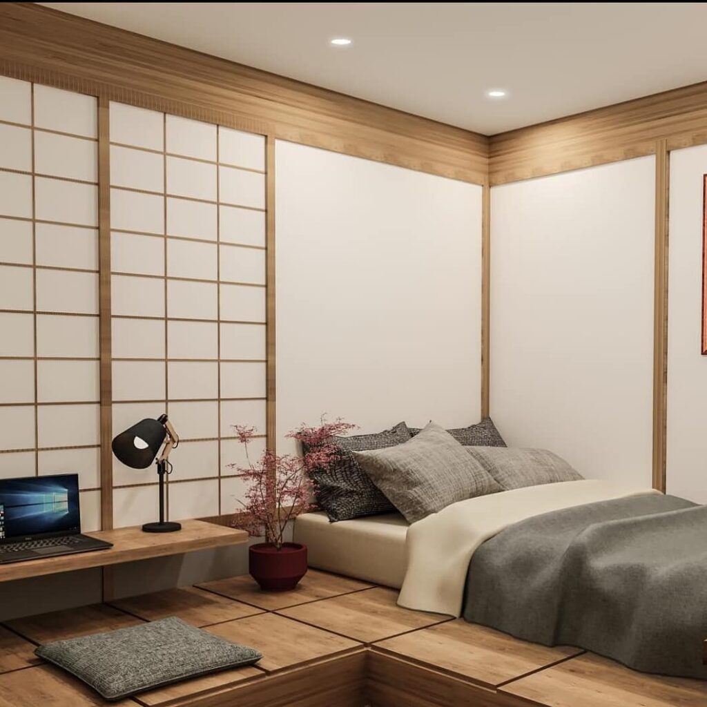 Japanese bedroom idea with wall panels and low bed