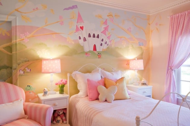 pink fairy room decoration with muralled wall and pink and white furniture