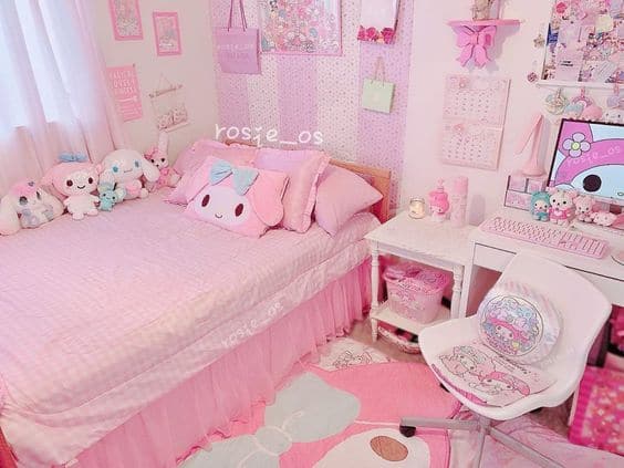 cute pink kawaii bedroom with plushy toys