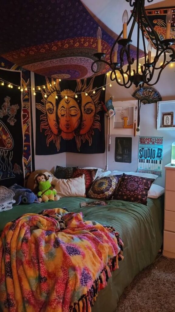 hippie gypsy boho bedroom with fairy lights and tapestries