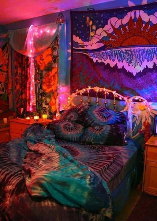 gypsy bedroom with different colored tapestries