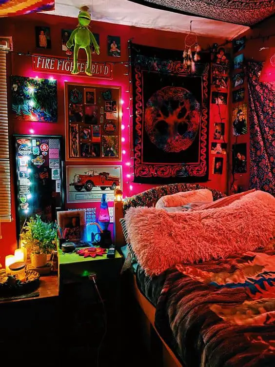 gypsy boho bedroom with multi-colored lights