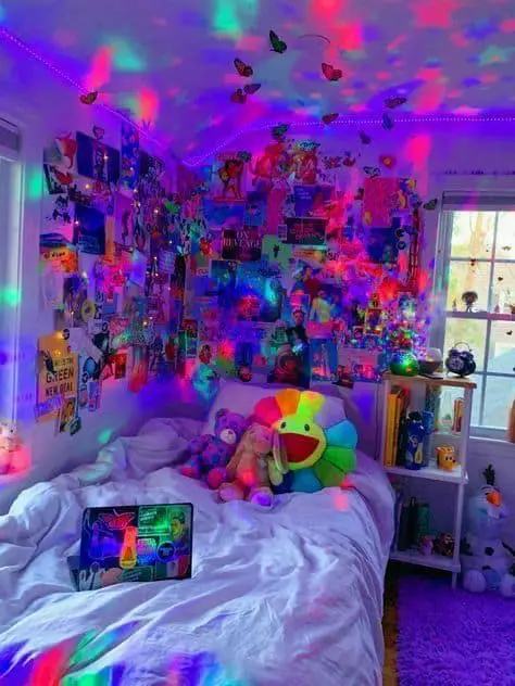 indie bedroom with colorful lights and wall decor