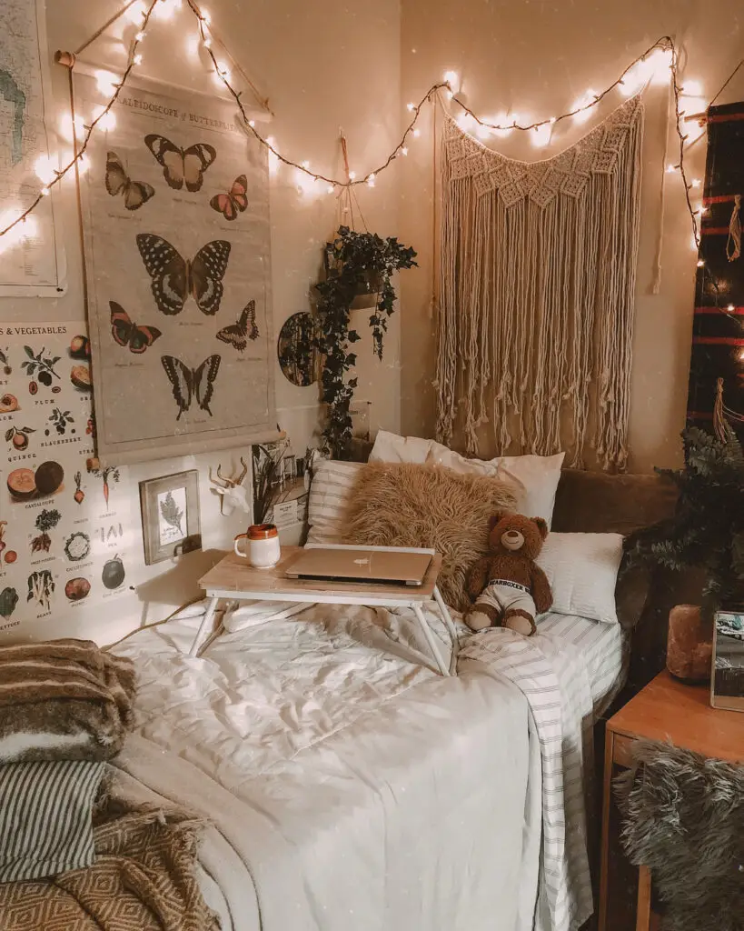 boho indie bedroom with macrame wall hangings and fur pillow