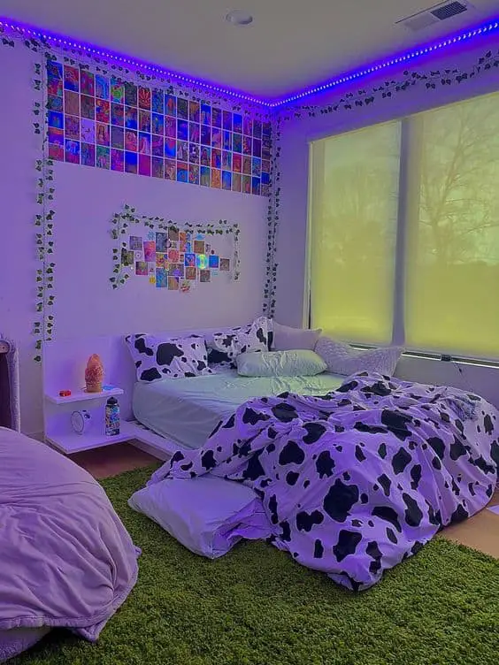 minimalist bedroom with cow print bedding