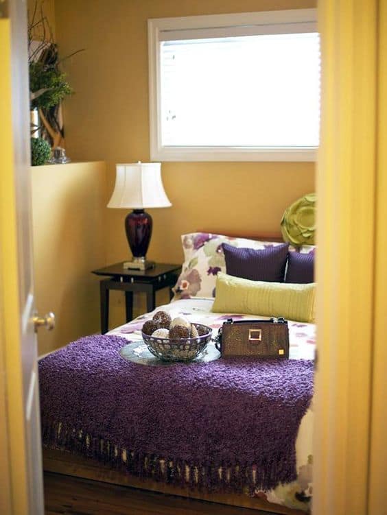 yellow and aubergine bedroom color combination