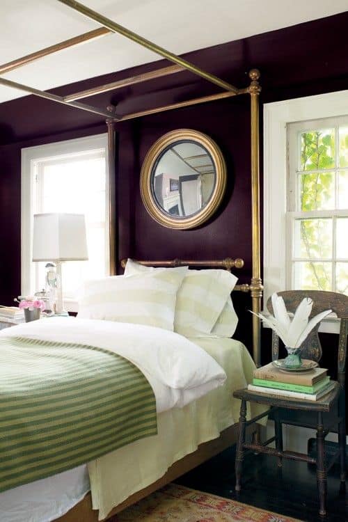 green and aubergine bedroom