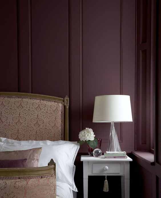 eggplant color wall panels in bedroom