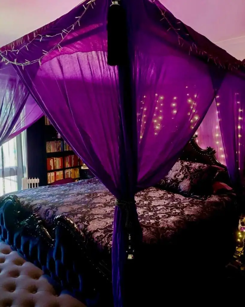 aubergine bedroom with canopy bed