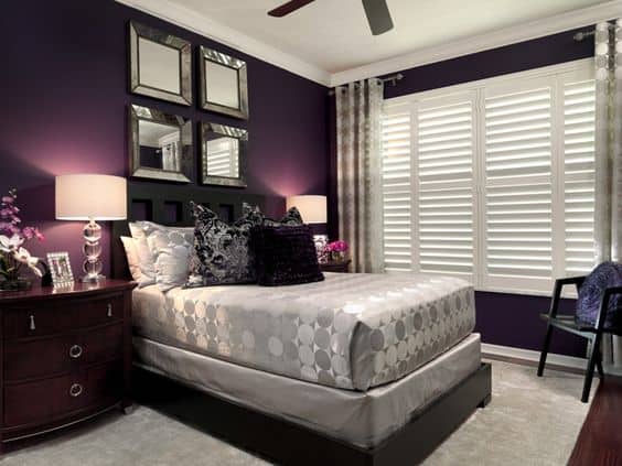 white, silver and eggplant color bedroom