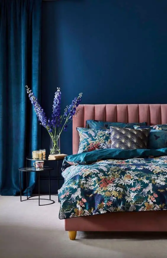blue and dusty pink bedroom