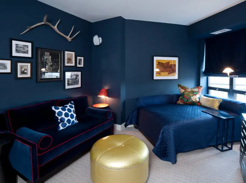 blue bedroom with gold accents