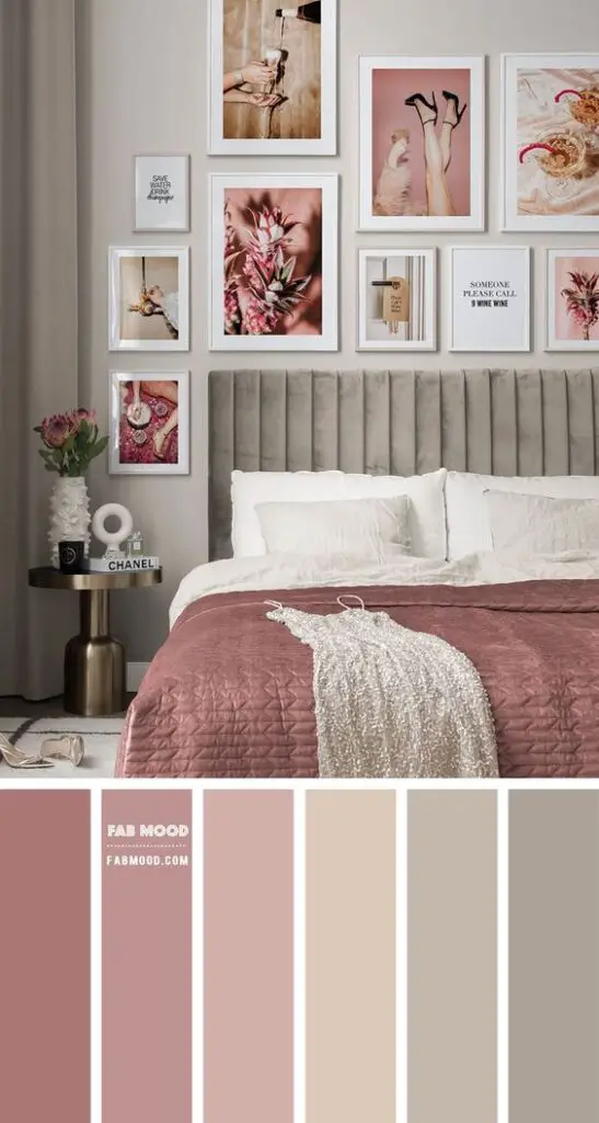 pink and silver bedroom with gallery wall
