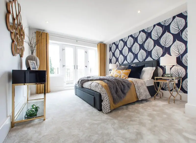 large navy and gold bedroom