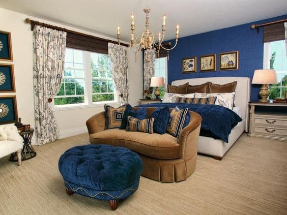 large navy blue and golden bedroom