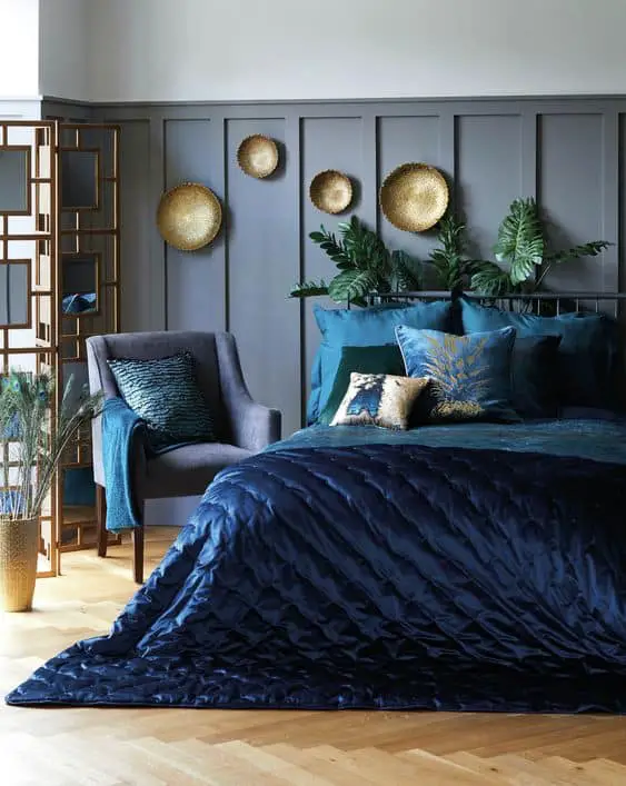 navy blue grey and golden bedroom