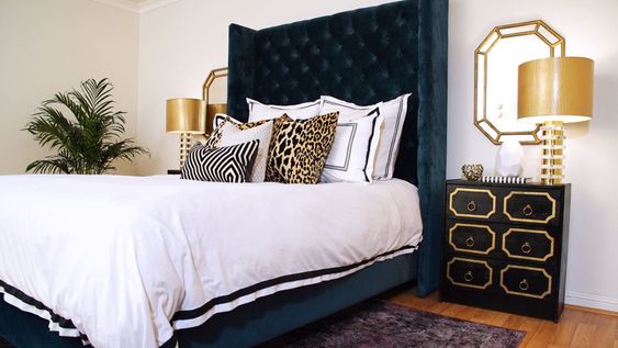 navy blue white and gold bedroom