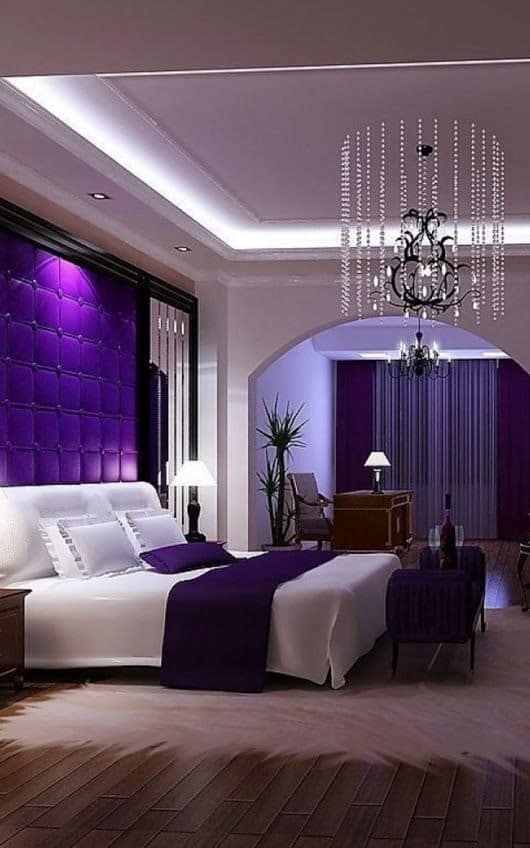 royal white and aubergine bedroom