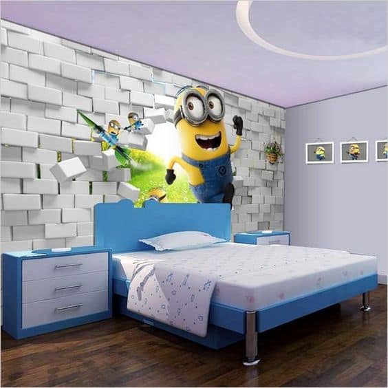 bedroom with minion wallpaper