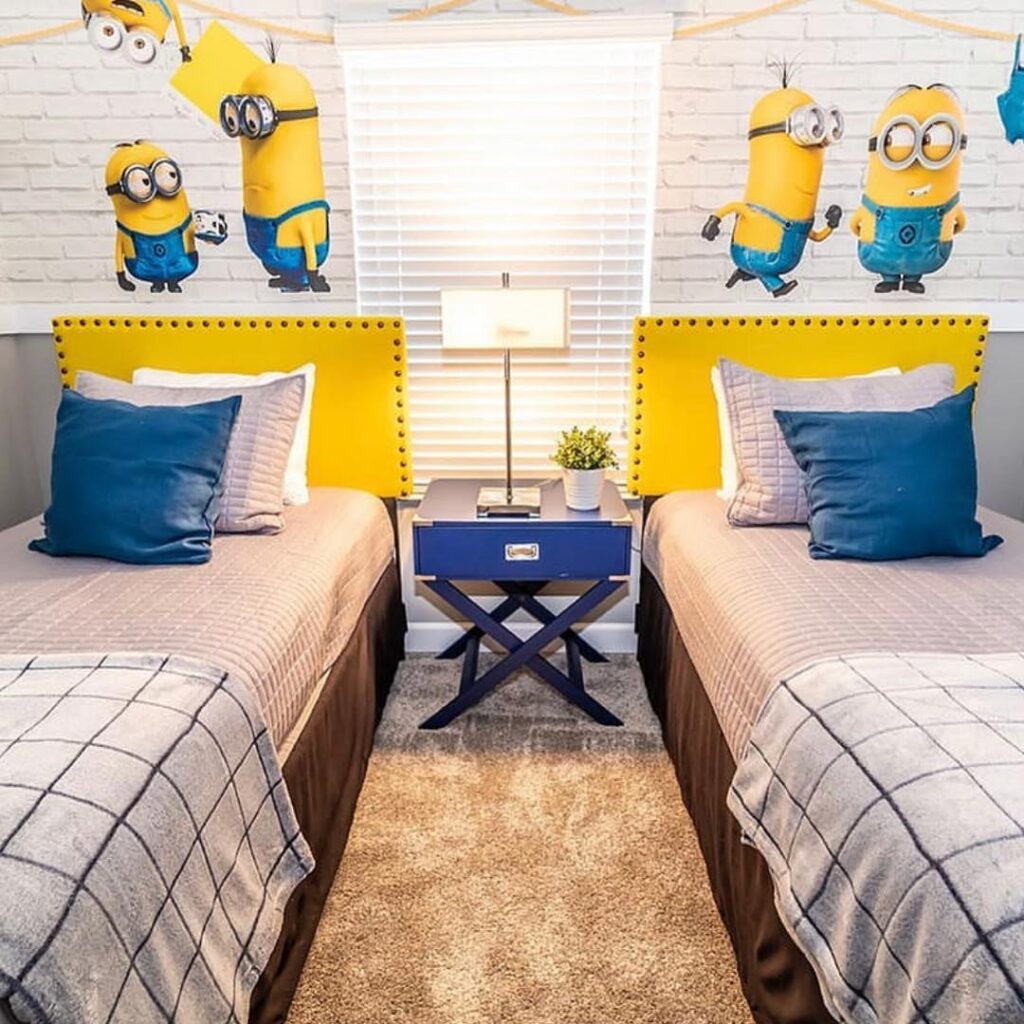 minion-themed twin bedroom