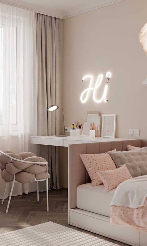 bedroom office with neon signs