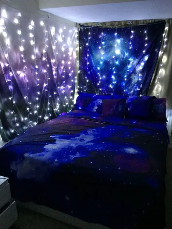 galaxy bedroom with fairy lights