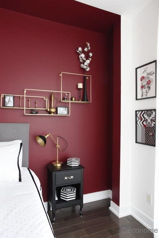 maroon and white bedroom