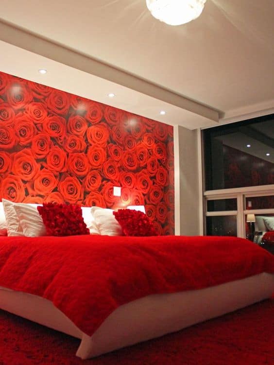 red wallpaper in bedroom