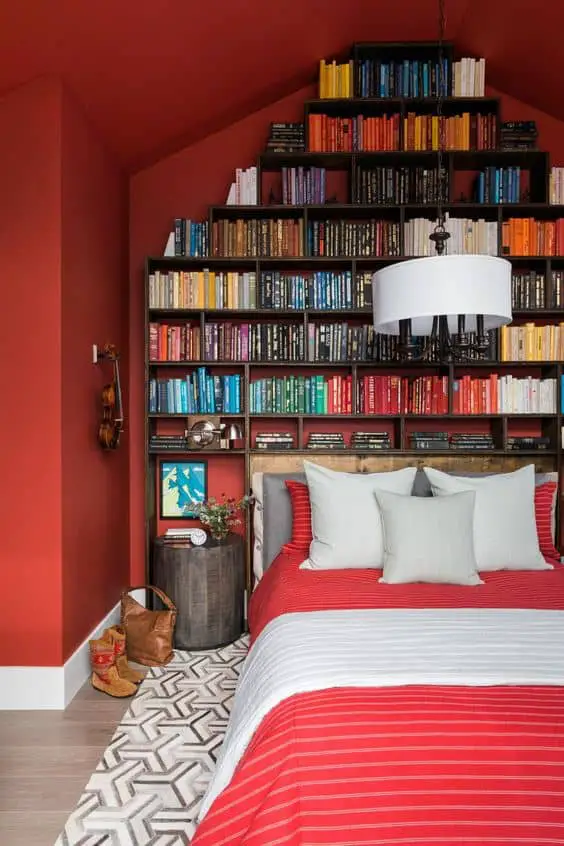 reed wall bedroom with book shelf