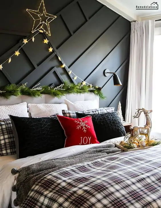 Christmas bedroom with black accent wall