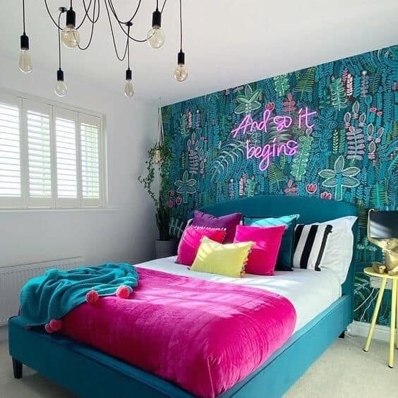 dark teal and magenta bedroom