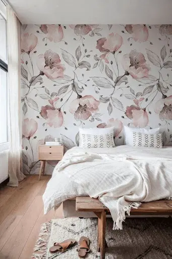 mauve wallpaper in bedroom