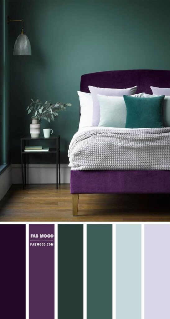 hunter green and aubergine bedroom