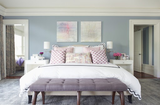 mauve furniture in bedroom