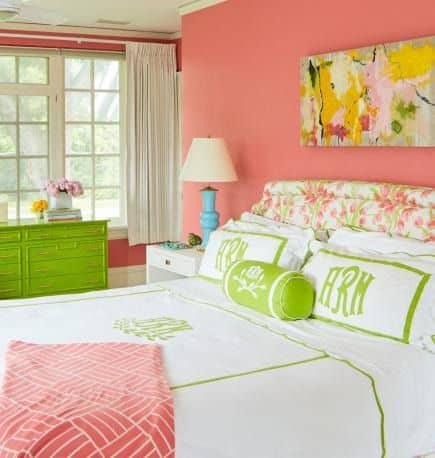 salmon and lime green bedroom