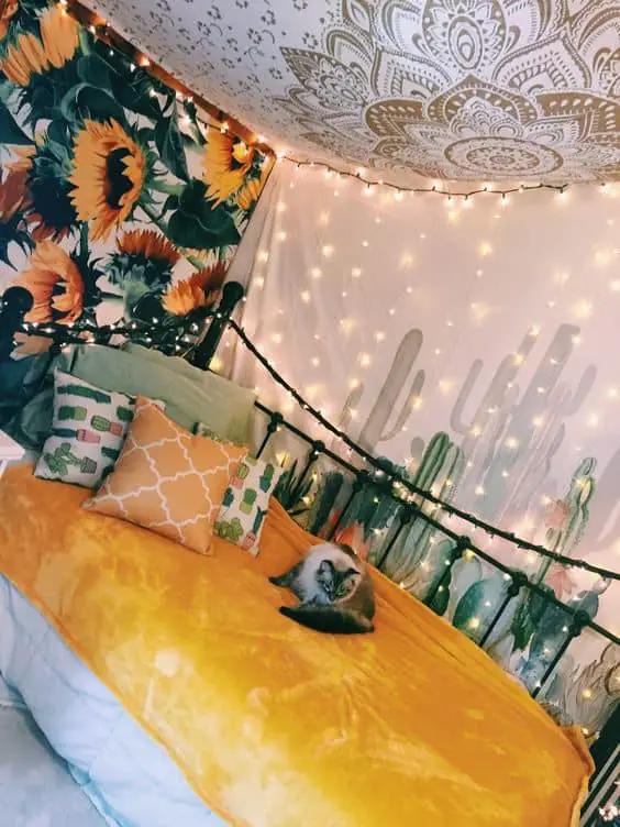 sunflower tapestry with fairy lights