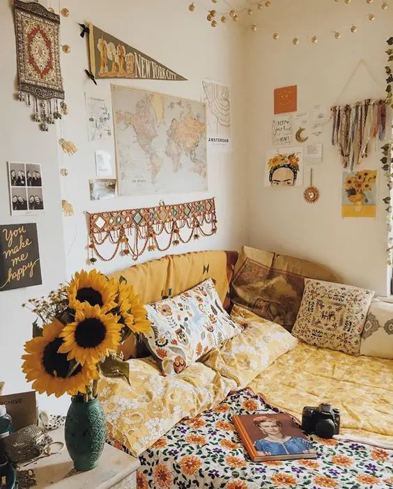 indie bedroom with sunflowers