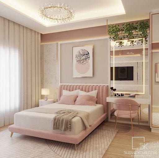 blush pink and beige bedroom combination