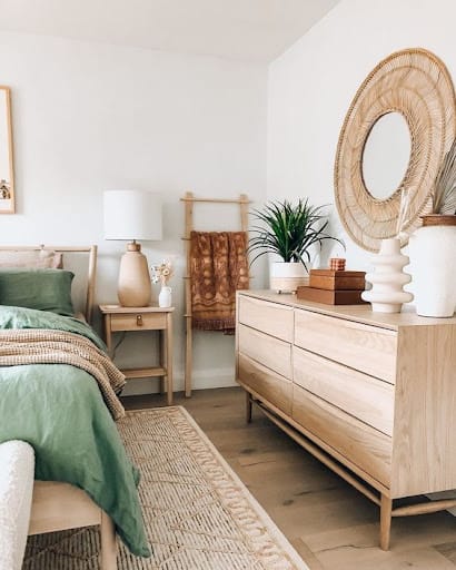 beige wood furnishings in the bedroom