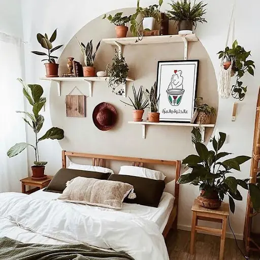 beige bedroom wall with shelves