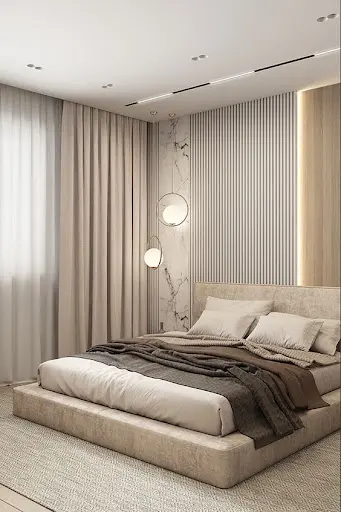 modern beige bedroom with lights
